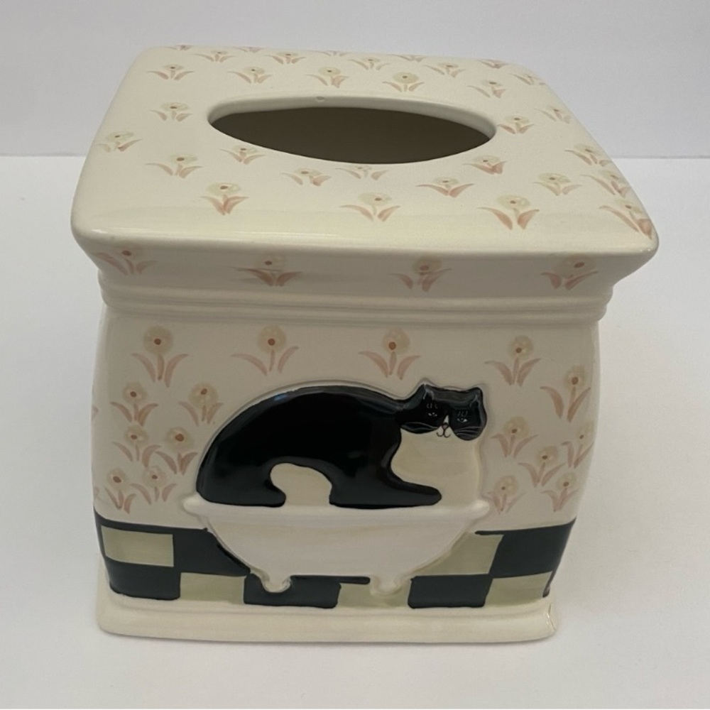 Warren Kimble Fat Cat in Tub Tissue Box Cover Ceramic Bath Black & White Tuxedo - Picture 2 of 8